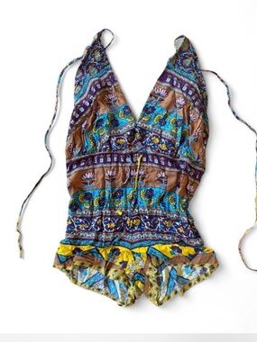 Boho Floral Print V-Neck Romper in Teal, Purple & Mustard